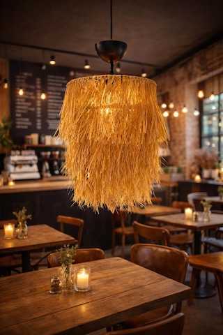Hasır Avize 45x30 Cm 2 Katlı Bohem Doğal El Yapımı Cafe & Salon Led Uyumlu SARI