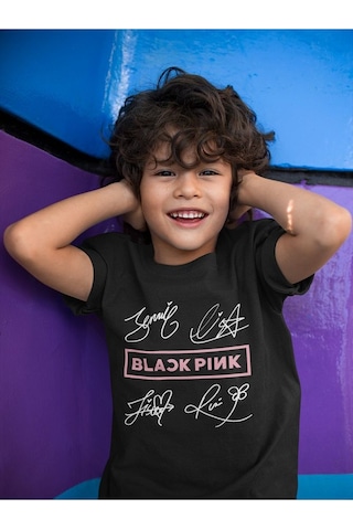Sevbano Black Pink Müzik Grubu Baskılı Unisex Çocuk Tişört 1-12 Yaş Siyah