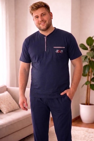 Alimer Erkek Büyük Beden 3 Düğmeli Pamuklu Likra Kısa Kol Cepli Pijama Takımı Lacivert