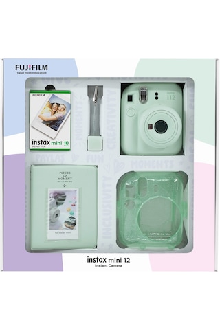 Fujifilm Instax Mini 12 Fotoğraf Makinesi + 10'lu Film + Simli Pleksi Kılıf + Pvc Albüm + Kıskaçlı Resim Standı Yeşil
