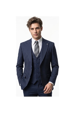 Hermose Sartorial Gece Mavisi Çizgili Yelekli Takım Elbise Mavi