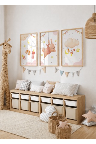 3'lü Bebek Odası Dekoratif Poster Tablo Ahşap Çerçeveli