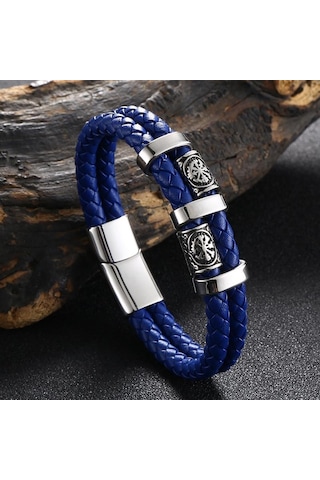 Yeni Paslanmaz Çelik Deri Halat Bileklik İskandinav Viking Serisi Çift Katmanlı Dokuma Deri Erkek Bilekliği Mavi