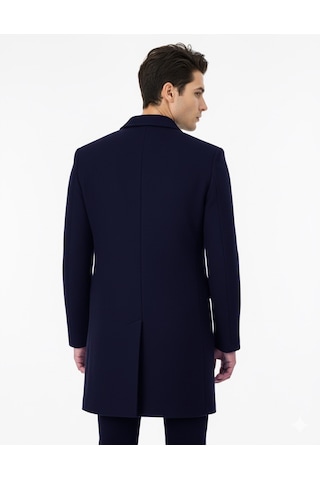Süvari Slim Fit Sivri Yaka Erkek Koyun Yünlü Kaban Lacivert