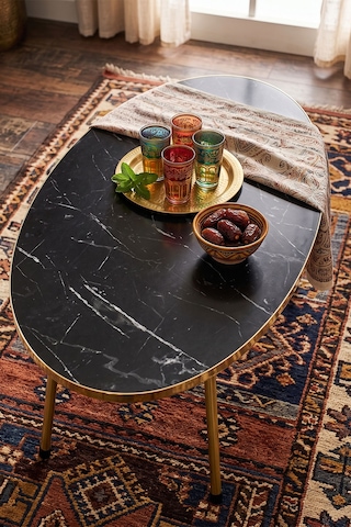 Bezos Gold Ayak Oval Orta Sehpa Bendir Siyah Ob
