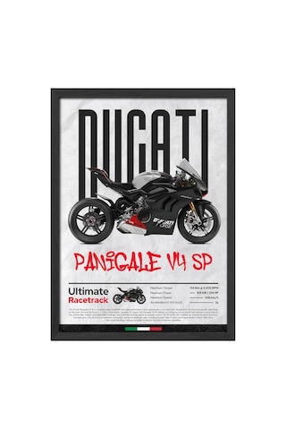 Ducati Panigale V4 Sp Siyah Ahşap Çerçeveli Poster, Dekoratif Motosiklet Duvar Tablosu Çok Renkli