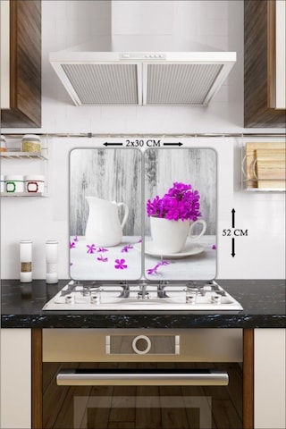 Dekoratif Cam Ocak Koruyucu ve Kesim Tahtası Mor Çiçek 60Cm X 52C