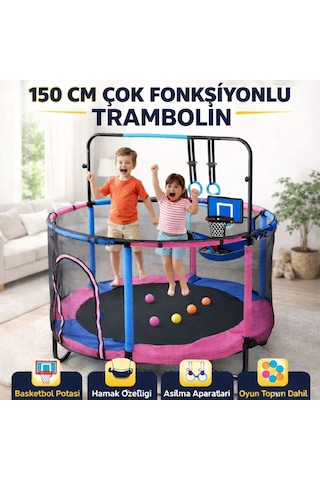 CKSpor 150 Cm Çocuk Trambolini Fileli Büyük Boy Çok Fonksiyonlu Basket Potası Ve Hamaklı 150 CM