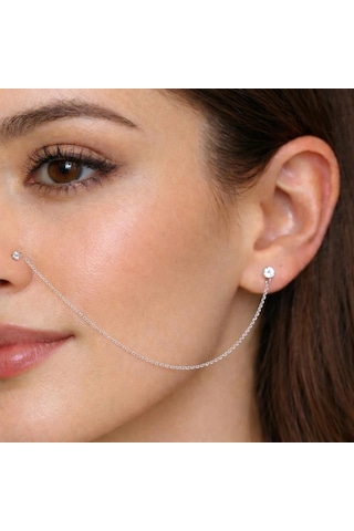 Gümüş Zincirli Burun Piercingi Küpe Çok Renkli