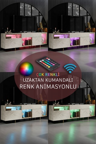 Norm Gold Demir Ayaklı Rgb Led Işık Sistemli Traverten Tv Ünitesi Tv Sehpası Traverten - Altın