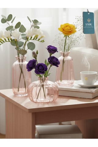 Chacha Home Modern 3'lü Minimalist Cam Çiçek Vazosu Dekoratif Masa Üstü Vazo Seti Açık Pembe