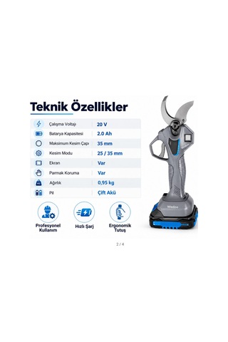 Algaride 20v Akülü Budama Makası 35 Mm Çift Akülü 2.0ah Bataryalı Dijital Ekranlı Profesyonel Dal Budama