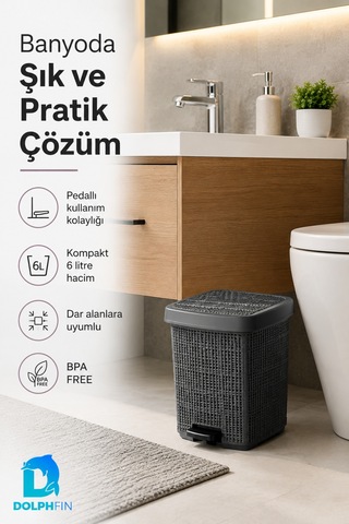 Jute Pedallı Çöp Kovası Kapaklı Banyo Mutfak Wc Ofis Atık Kovası 23x23x26 Cm Siyah