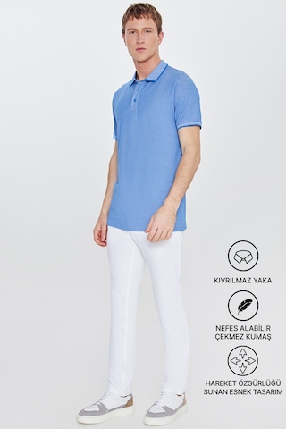 Ac&Co / Altınyıldız Classics 4A4820200047Sabm Düğmeli Polo Yaka Cepsiz Slim Fit Erkek Tişört Saks Mavisi - Beyaz Saks Mavi