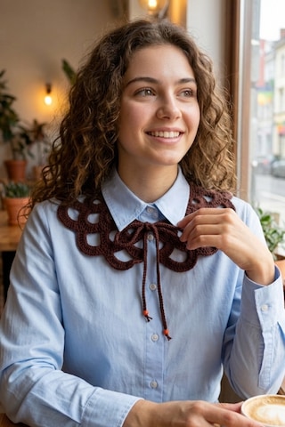 Bb Bibutikshop Kahverengi El Örgüsü Fiyonk Bağcıklı Takılabilir Yaka Vintage Dantel Model Renkli