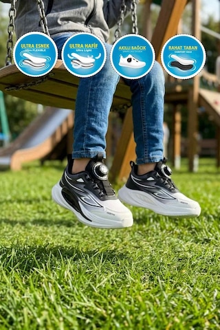 Marcokids Beyaz Siyah Misina Bağcıklı Mekanizmalı Erkek Çocuk Spor Ayakkabı 26y530 F Beyaz-siyah