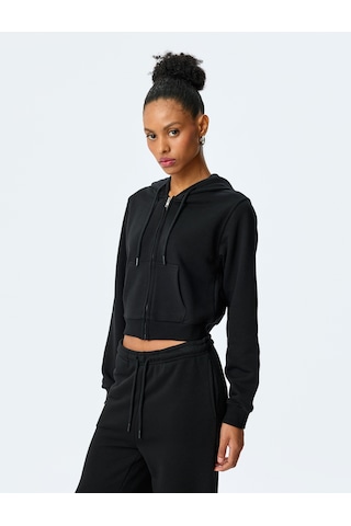 Koton Pamuk Karışımlı Kapüşonlu Fermuarlı Sweatshirt Siyah 5sak10229ek Siyah