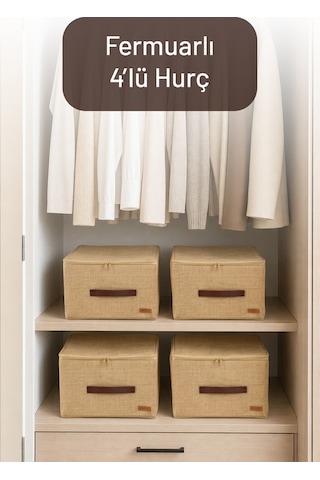 4'lü Orta Boy Koltuk Baza Yatak Altı Uyumlu Gerçek Jüt Kumaşlı Kulplu Extra Destekli Hurç Organizer Set Kahverengi