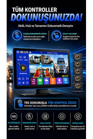 5 Kameralı 4k Dokunmatik Ekranlı Mp5 Kamyon Tır Otobüs İçin Uygun Araç Monitör Seti
