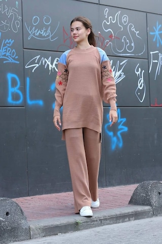 Omuz Detaylı Kol Nakışlı İkili Alt Üst Triko Takım Vizon Vizon