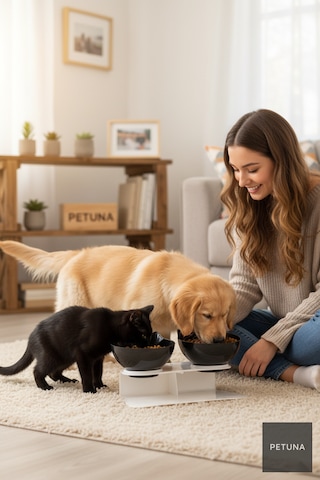 İki Hazneli Kedi Kafalı Beyaz Standlı Kedi Mama Ve Su Kabı 350 Ml