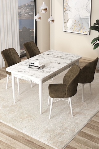 Canisa Arp Serisi 70x110 Sabit Mutfak Masası Takımı Beyaz Mermer Desen Masa 4 Kahverengi Sandalye Masa Beyaz Sandalyeler Kahve