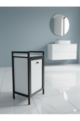 Kapaklı Çamaşır Sepeti & Banyo Düzenleyici Dolap Metal Ayaklı Modern Kirli Sepeti Organizer Beyaz