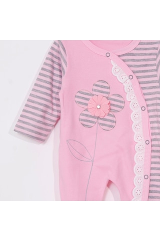 Candar 3-9 Ay Kız Bebek Tulumu Çiçek Nakışlı Ayaklı Pembe Pembe