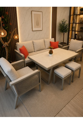 Kanyon Metal Bahçe Balkon Teras Koltuk Takımı 3+1+1+masa+2 Adet Puf Krem