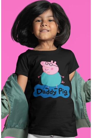 Sevbano Baba Pig Peppa Pig Baskılı Unisex Çizgi Film Çocuk Tişört 1-12 Y Siyah