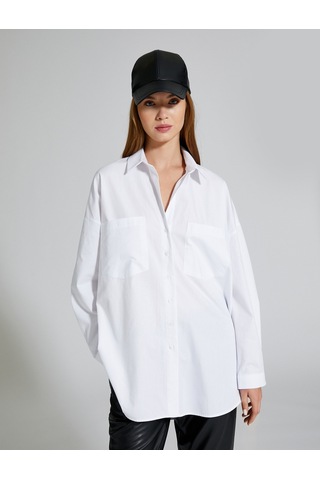 Koton Oversize Gömlek Uzun Kollu Çift Cepli Düğmeli Pamuklu Beyaz 4wal60064ıw 4WAL60064IW000 Beyaz