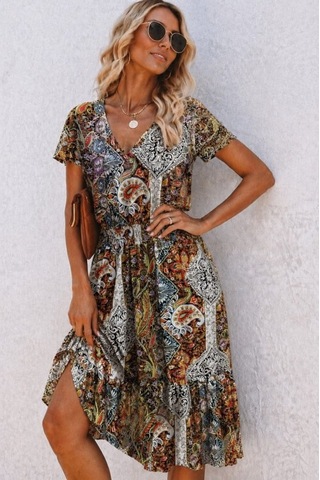 Alyn Wear Kadın Kısa Kollu V Yakalı Beli Lastikli Midi Süprem Elbise Çok Renkli