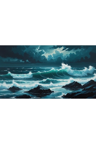 Doğa Ve Manzara Yatay Kayalara Çarpan Güçlü Okyanus Dalgaları, Dramatik Gökyüzü 04 Çerçevesiz 90x60cm Pvc Tablo