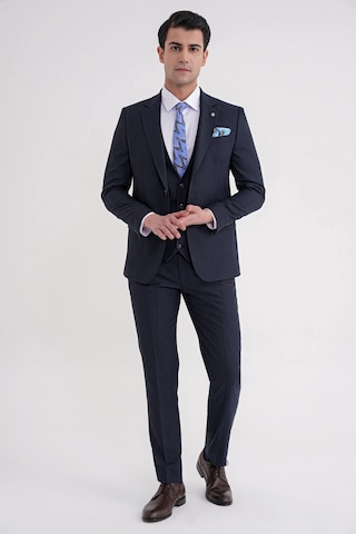 Efor Slim Fit Mono Yaka Çift Yırtmaç Armürlü Esnek Yünlü Lacivert Yelekli Klasik Takım Elbise Tk 933 Lacivert