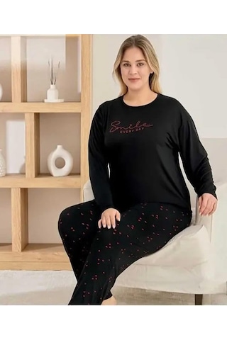 Pijamoni Kadın Milan Büyük Beden Bisiklet Yaka Uzun Kol İnce Pijama Takımı 7666/46 - 1 Adet Siyah
