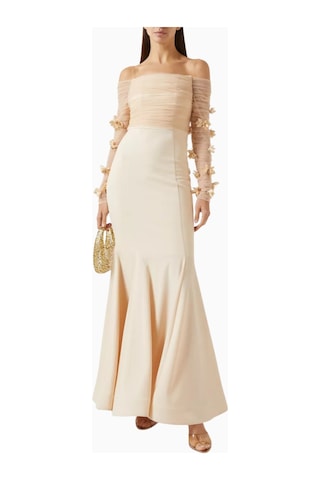 Ronanna Off-shoulder Çiçek Aplikeli Abiye Krem
