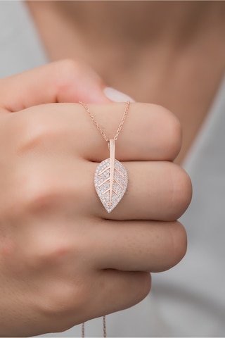 925 Ayar Gümüş Rose Zirkon Taşlı Yaprak Kolye Rose Gold
