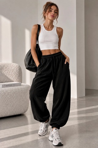 Bb Butik Basic Selanik Kumaş Jogger Pantolon Lastikli Paça Rahat Kesim My3535 Siyah