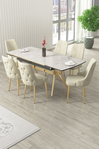 Canisa Nis Serisi 89x150 Açılabilir Lak Panel Beyaz Mermer Gold Ayak Masa Takımı Ve 6 Krem Sandalye Masa Beyaz Mermer Desen Sandalye Krem