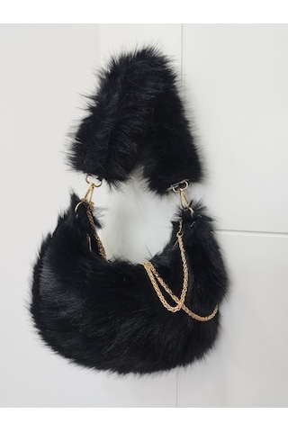 Vivazzaluxe Vintage Peluş Kürk Model Sonbahar, Kış Tote Bag Kadın El, Omuz, Çapraz Çanta Siyah