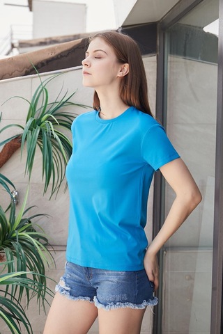 Jument Kadın Sıfır Yaka Kırışmaz Span Karışımlı Şık Kısa Kol Likralı T-shirt Bluz-mavi Mavi