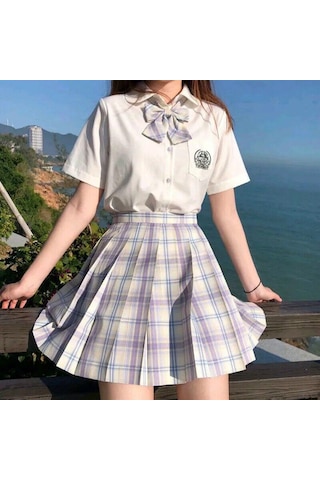 3 Adet Kadın Anime Okul Üniforması Seti Yaz Jk Kısa Gömlek Ceket Etekler Takım Elbise Açık Mor