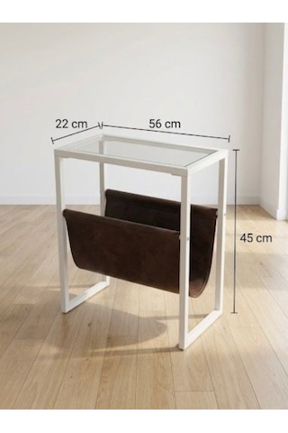 Gazetelikli Camlı Metal Yan Sehpa - C Tipi Koltuk Kenarı Laptop Ve Servis Sehpası - 56x45 Cm Beyaz