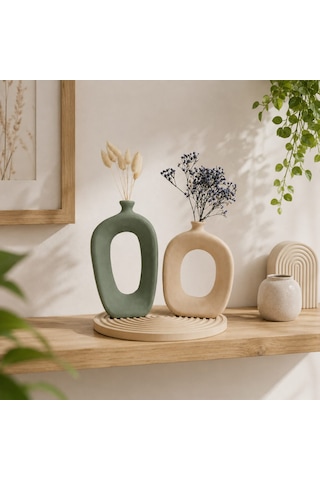 Momiko El Yapımı Modern Bohem Beton Vazo Seti Dekoratif Kemerli İkili Vazo & Yuvarlak Altlık Premium Seri -