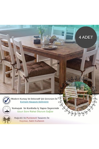 4 Adet - 40x40 Cm Lüks Süet Dokulu Kahverengi Sandalye Minderi - %100 Silikon Elyaf Dolgulu Yıkanabilir Minder