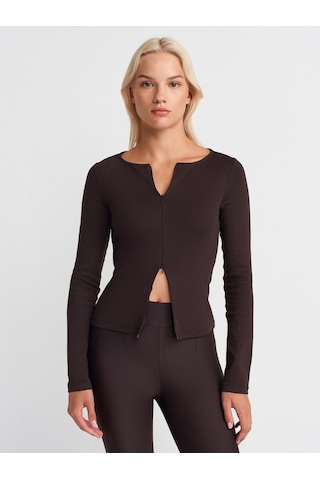 Dilvin 31993 Fermuar Detaylı Uzun Kollu Top-koyu Kahve Koyu Kahve