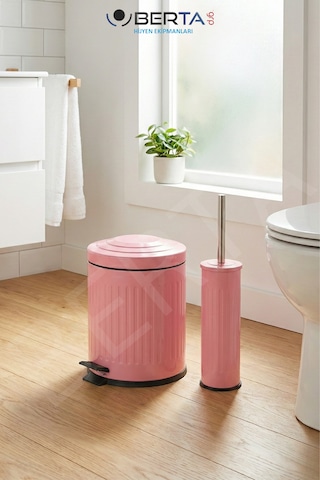 Vintage Banyo Seti Beyaz Çöp Kovası 5lt Tuvalet Fırçası Lüks Model - Mini Boy Çöp Poşeti Hediyelidir Pembe