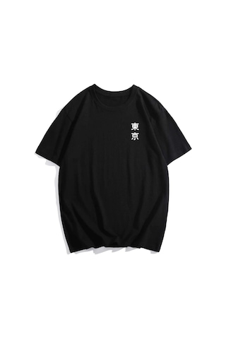 Erkek Siyah Oversize Dağ Japan Baskılı T-shirt Siyah