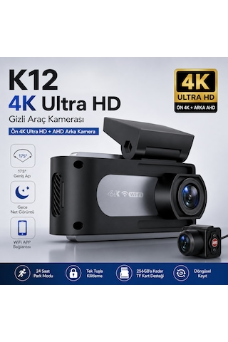 K12 Max 4k Ultra Hd Akıllı Araç Kamerası Ön 4k + Arka Hd Çift Kayıt, Adas, Wifi App Kontrolü, Gece Görüşü, 24 Saat Park Koruması