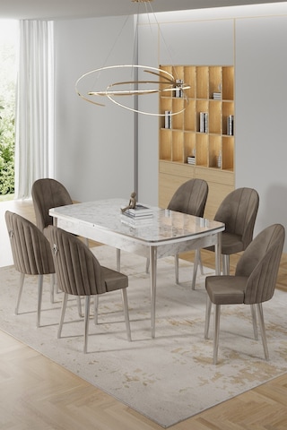 Canisa Rada Serisi 80x132 Açılabilir Lak Panel Beyaz Mermer Desen Masa 6 Cappucino Sandalye Krom Detay Masa Beyaz Mermer Desen Sandalye Cappucino